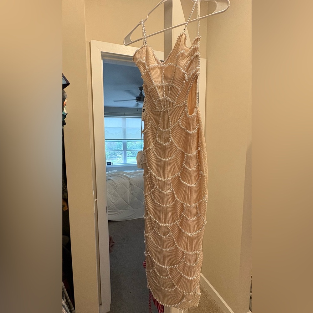 Bella Barnett seashell scalloped ivory pearl-beaded dress